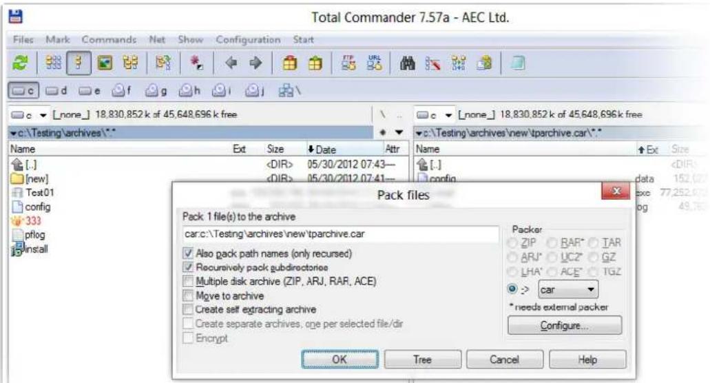 Total Commander 7.57a - AEC Ltd. Files Mark Commands Net Show Configuration Start c d e f g h i c [none] 18,830,852 k of 45,648,696 k free c:\Testing\archives\* Name Ext Size Date Attr Name Ext Size [.] 05/30/2012 07:43— [.] 05/30/2012 07:41— config pack files Pack 1 file(s) to the archive car:c:\Testing\archives\new\tparchive.car ✓ Also pack path names (only recursed) ✓ Recursively pack gubdirectories □ Multiple disk archive (ZIP, ARJ, RAR, ACE) □ Move to archive □ Create self extracting archive □ Create separate archives, one per selected file/dir □ Encrypt Packer ZIP BAR* TAR ARJ UCZ GZ LHA ACE TGZ -> car * needs external packer Configure... OK Tree Cancel Help