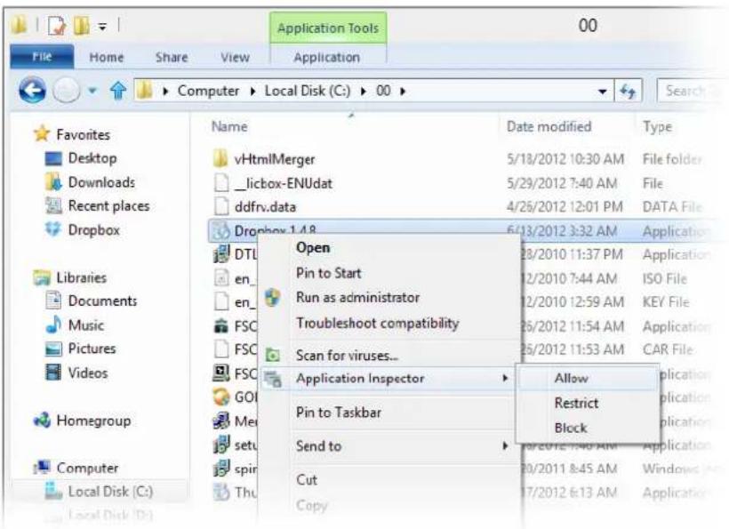 Application Tools 00 File Home Share View Application Computer Local Disk (C:) 00 Search Favorites Desktop Downloads Recent places Dropbox Libraries Documents Music Pictures Videos Homegroup Computer Local Disk (C:) Local Disk (D:) Name vHtmlMerger _licbox-ENUdat ddfrv.data Dropbox 1.4.8 Open 28/2010 11:37 PM Application Pin to Start 12/2010 7:44 AM ISO File Run as administrator 12/2010 12:59 AM KEY File Troubleshoot compatibility 26/2012 11:54 AM Application Scan for viruses... 26/2012 11:53 AM CAR File Application Inspector Allow Restrict Block Pin to Taskbar Send to 10/2012 1:45 AM Application Cut 10/2011 &45 AM Windows (A) 17/2012 6:13 AM Copy