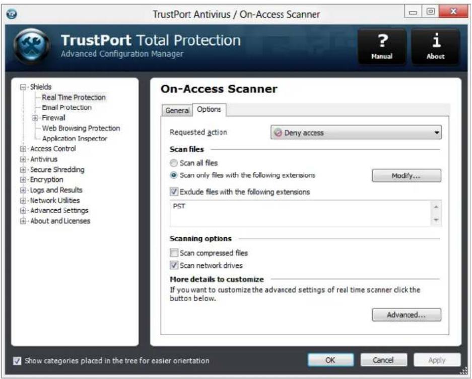 TrustPort Antivirus / On-Access Scanner TrustPort Total Protection Advanced Configuration Manager ? Manual i About Shields Real Time Protection Email Protection Firewall Web Browsing Protection Application Inspector Access Control Antivirus Secure Shredding Encryption Logs and Results Network Utilities Advanced Settings About and Licenses On-Access Scanner General Options Requested action Deny access Scan files Scan all files Scan only files with the following extensions Modify... Exclude files with the following extensions PST Scanning options Scan compressed files Scan network drives More details to customize If you want to customize the advanced settings of real time scanner click the button below. Advanced... Show categories placed in the tree for easier orientation OK Cancel Apply