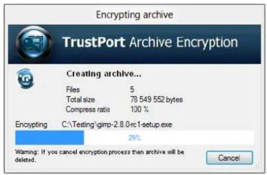 Encrypting archive TrustPort Archive Encryption Creating archive... Files 5 Total size 78 549 552 bytes Compress ratio 100 % Encrypting C:\Testing\gimp-2.8.0-rc1-setup.exe 25% Warning: If you cancel encryption process then archive will be deleted. Cancel