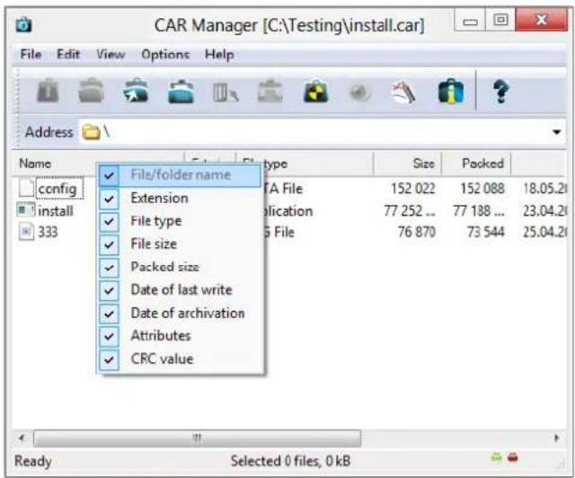 CAR Manager [C:\Testing\install.car] File Edit View Options Help Address \ Name Edit Folder type Size Packed config TA File 152 022 152 088 18.05.21 install 77 252... 77 188... 23.04.21 333 G File 76 870 73 544 25.04.21 ✓ File/folder name ✓ Extension ✓ File type ✓ File size ✓ Packed size ✓ Date of last write ✓ Date of archivation ✓ Attributes ✓ CRC value Ready Selected 0 files, 0 kB