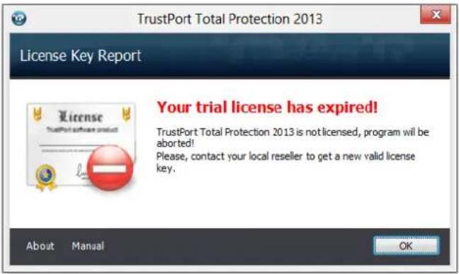 TrustPort Total Protection 2013 License Key Report Your trial license has expired! TrustPort Total Protection 2013 is not licensed, program will be aborted! Please, contact your local reseller to get a new valid license key. About Manual OK