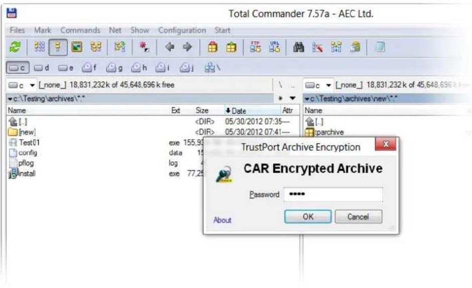Total Commander 7.57a - AEC Ltd. Files Mark Commands Net Show Configuration Start c d e f g h i j c ▼ [none] 18,831,232 k of 45,648,696 k free c:\Testing\archives\* Name Ext Size Date Attr [.] 05/30/2012 07:35— [new] 05/30/2012 07:41— Test01 exe 155,9 config data 15 pfllog log 4 install exe 77,25 TrustPort Archive Encryption CAR Encrypted Archive Password ****** About OK Cancel