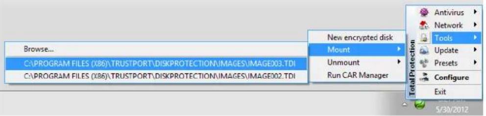 Browse... C:\PROGRAM FILES (X86)\TRUSTPORT\DISKPROTECTION\IMAGES\IMAGE003.TDI C:\PROGRAM FILES (X86)\TRUSTPORT\DISKPROTECTION\IMAGES\IMAGE002.TDI New encrypted disk Mount Unmount Run CAR Manager Antivirus Network Tools Update Presets Configure Exit 5/30/2012