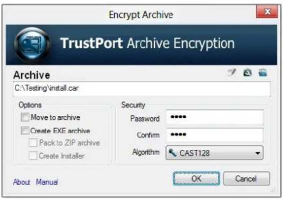Encrypt Archive TrustPort Archive Encryption Archive C:\Testing\install.car Options Move to archive Create EXE archive Pack to ZIP archive Create Installer Security Password •••••• Confirm ••••••• Algorithm • CAST128 About Manual OK Cancel