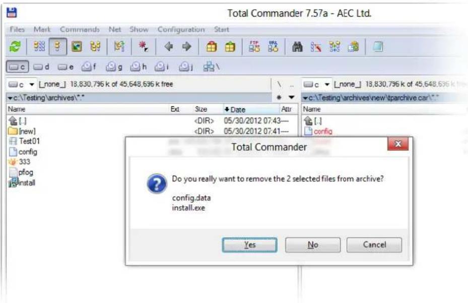 Total Commander 7.57a - AEC Ltd. Files Mark Commands Net Show Configuration Start c d e f g h i c _none_ 18,830,796 k of 45,648,636 k free c:\Testing\archives\* Name Ext Size Date Attr Name [.] 05/30/2012 07:43— [..] 05/30/2012 07:41— config Total Commander Do you really want to remove the 2 selected files from archive? config.data install.exe Yes No Cancel