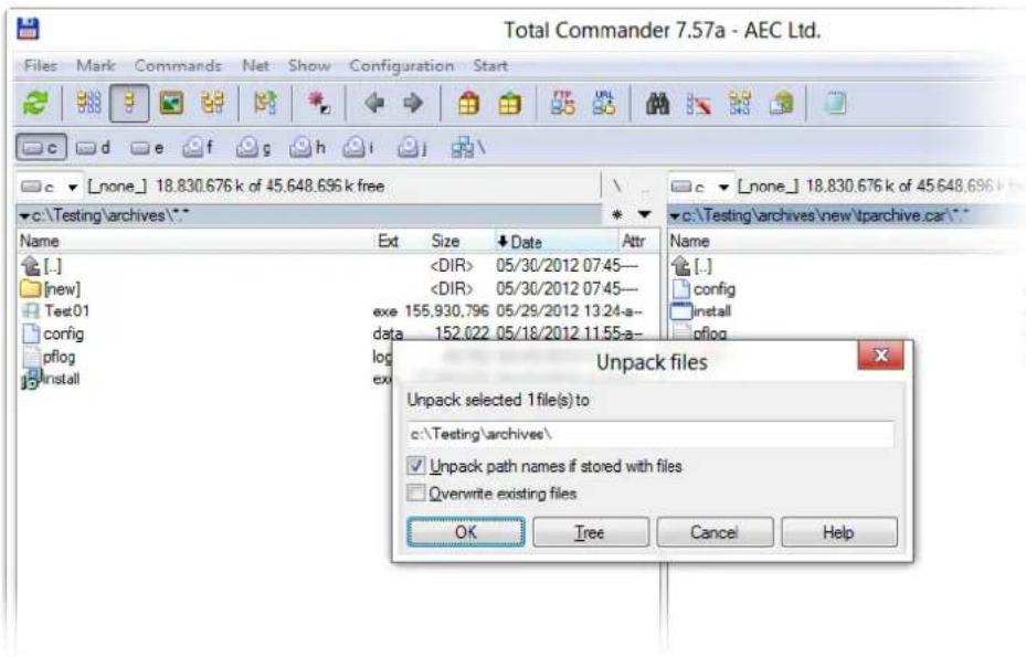 Total Commander 7.57a - AEC Ltd. Files Mark Commands Net Show Configuration Start c d e f g h i c ▼ [none] 18.830.676 k of 45.648.696 k free c:\Testing\archives\* Name Ext Size Date Attr [.] 05/30/2012 07:45— [new] 05/30/2012 07:45— Test01 exe 155,930,796 05/29/2012 13:24-a- config data 152.022 05/18/2012 11:55-a- pfllog log install ex Unpack files Unpack selected 1 file(s) to c:\Testing\archives\ Unpack path names if stored with files Overwrite existing files OK Tree Cancel Help