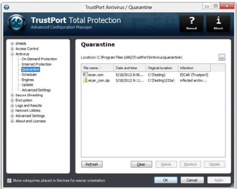 TrustPort Antivirus / Quarantine TrustPort Total Protection Advanced Configuration Manager ? Manual i About Quarantine Location: C:\Program Files (x86)\TrustPort\Antivirus\quarantine\ File name Date and time Original location Infection eicar.com 5/18/2012 8:56... C:\Testing\ EICAR (Trustport) eicar_com.zip 5/18/2012 9:11... C:\Testing\333a\infected archiv... Refresh Clear Delete Restore Details Show categories placed in the tree for easier orientation OK Cancel Apply