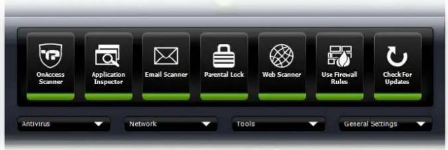 OnAccess Scanner Application Inspector Email Scanner Parental Lock Web Scanner Use Firewall Rules Check For Updates Antivirus Network Tools General Settings
