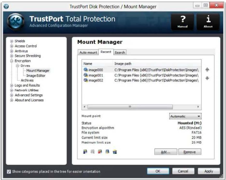 TrustPort Disk Protection / Mount Manager TrustPort Total Protection Advanced Configuration Manager ? Manual i About Mount Manager Auto-mount Recent Search Name Image path image000 C:\Program Files (x86)\TrustPort\DiskProtection\Images\ image001 C:\Program Files (x86)\TrustPort\DiskProtection\Images\ image002 C:\Program Files (x86)\TrustPort\DiskProtection\Images\ Mount point Automatic Status Mounted (M:) Encryption algorithm AES (R):ndael\ File system FAT16 Current limit size 20 MB Maximum limit size 20 MB Add... Remove Show categories placed in the tree for easier orientation OK Cancel Apply