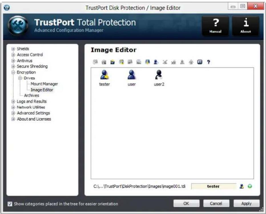 TrustPort Disk Protection / Image Editor TrustPort Total Protection Advanced Configuration Manager ? Manual i About Shields Access Control Antivirus Secure Shredding Encryption Drives Mount Manager Image Editor Archives Logs and Results Network Utilities Advanced Settings About and Licenses Image Editor tester user user2 C:\...\TrustPort\DiskProtection\Images\image001.tdi tester Show categories placed in the tree for easier orientation OK Cancel Apply