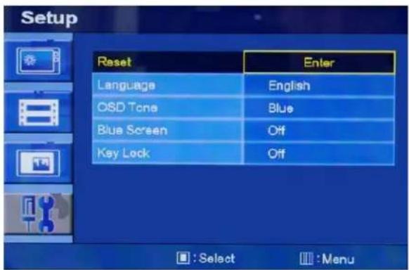 Setup Reset Enter Language English OSD Tone Blue Blue Screen Off Key Lock Off :Select Menu