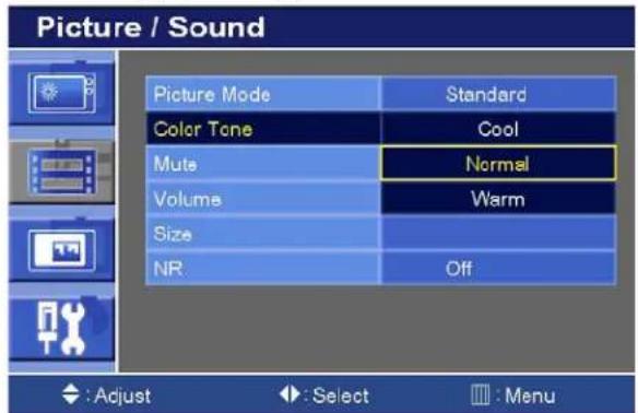 Picture / Sound Picture Mode Standard Color Tone Cool Mute Normal Volume Warm Size NR Off : Adjust Select Menu