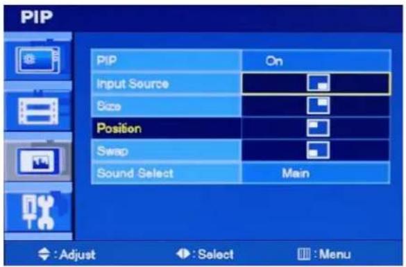PIP PIP On Input Source Size Position Swap Sound Select Main : Adjust Select Menu