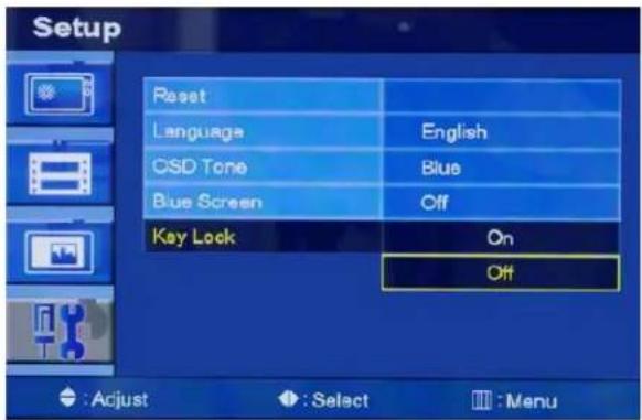 Setup Reset Language English CSD Tone Blue Blue Screen Off Key Lock On Off : Adjust : Select Menu