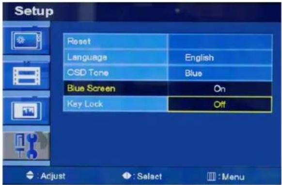 Setup Reset Language English CSD Tone Blue Blue Screen On Key Lock Off : Adjust : Select : Menu