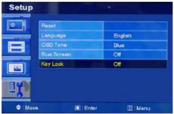Setup Reset Language English OSD Tone Blue Blue Screen Off Key Lock Off : Move : Enter :Menu