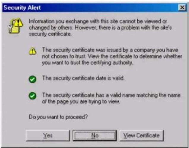 Security Alert Information you exchange with this site cannot be viewed or changed by others. However, there is a problem with the site's security certificate. The security certificate was issued by a company you have not chosen to trust. View the certificate to determine whether you want to trust the certifying authority. The security certificate date is valid. The security certificate has a valid name matching the name of the page you are trying to view. Do you want to proceed? Yes No View Certificate