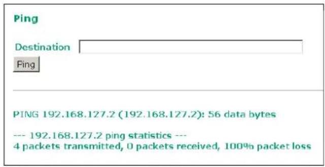 Ping Destination Ping PING 192.168.127.2 (192.168.127.2): 56 data bytes --- 192.168.127.2 ping statistics --- 4 packets transmitted, 0 packets received, 100% packet loss