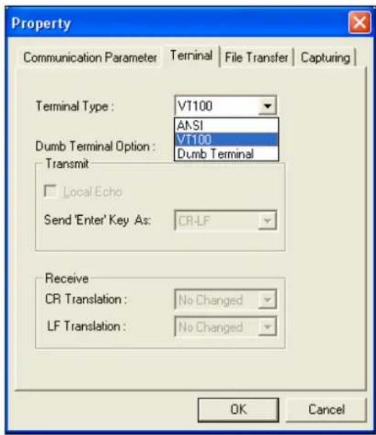 Property Communication Parameter Terminal File Transfer Capturing Terminal Type: VT100 ANSI Dumb Terminal Option: VT100 Dumb Terminal Transmit Local Echo Send 'Enter' Key As: CR-LF Receive CR Translation: No Changed LF Translation: No Changed OK Cancel