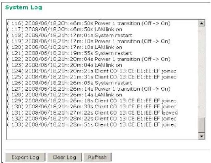 (116) 2008/06/18,20h:46m:50s Power 1 transition (Off -> On) (117) 2008/06/18,20h:46m:50s LAN link on (118) 2008/06/18,21h:17m:01s System restart (119) 2008/06/18,21h:17m:10s Power 1 transition (Off -> On) (120) 2008/06/18,21h:17m:10s LAN link on (121) 2008/06/18,21h:19m:55s System restart (122) 2008/06/18,21h:20m:04s Power 1 transition (Off -> On) (123) 2008/06/18,21h:20m:04s LAN link on (124) 2008/06/18,21h:20m:21s Client 00:13:CE:E1:EE:EF joined (125) 2008/06/18,21h:21m:31s Client 00:13:CE:E1:EE:EF joined (126) 2008/06/18,21h:26m:05s System restart (127) 2008/06/18,21h:26m:14s Power 1 transition (Off -> On) (128) 2008/06/18,21h:26m:14s LAN link on (129) 2008/06/18,21h:26m:18s Client 00:13:CE:E1:EE:EF joined (130) 2008/06/18,21h:26m:33s Client 00:13:CE:E1:EE:EF joined (131) 2008/06/18,21h:27m:22s Client 00:13:CE:E1:EE:EF leaved (132) 2008/06/18,21h:28m:22s Client 00:13:CE:E1:EE:EF joined (133) 2008/06/18,21h:28m:51s Client 00:13:CE:E1:EE:EF joined