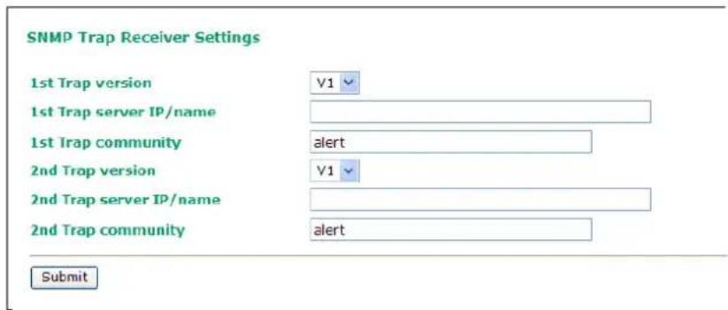 SNMP Trap Receiver Settings 1st Trap version V1 1st Trap server IP/name 1st Trap community alert 2nd Trap version V1 2nd Trap server IP/name 2nd Trap community alert Submit