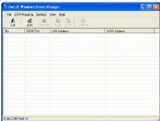 OnCoII Windows Driver Manager File COM Mapping Settings View Help Add Add Settings Apply List Setting No COM Port LAN Address WAN Address Total COM Port-0
