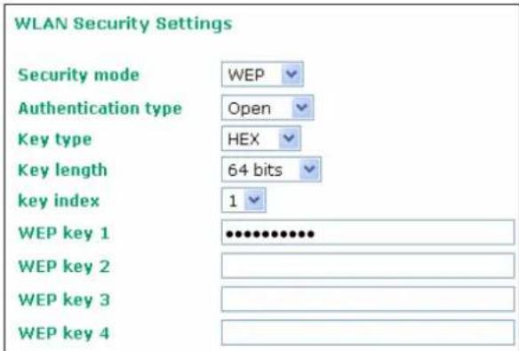 WLAN Security Settings Security mode WEP Authentication type Open Key type HEX Key length 64 bits key index 1 WEP key 1 .......... WEP key 2 WEP key 3 WEP key 4