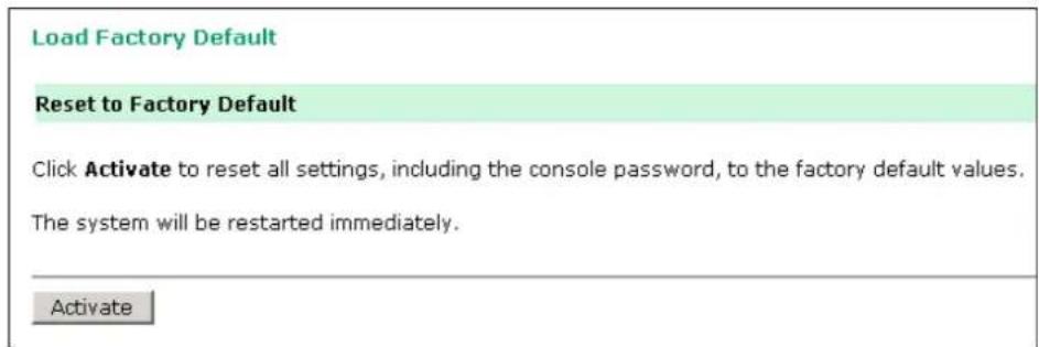 Load Factory Default Reset to Factory Default Click Activate to reset all settings, including the console password, to the factory default values. The system will be restarted immediately. Activate