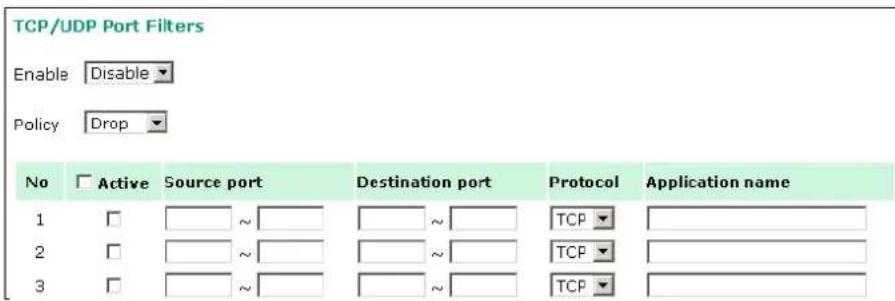 TCP/UDP Port Filters Enable Disable Policy Drop No Active Source port Destination port Protocol Application name 1 □ ~ □ ~ □ TCP ▼ 2 □ ~ □ ~ □ TCP ▼ 3 □ ~ □ ~ □ TCP ▼