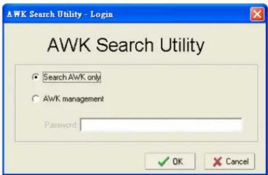 AWK Search Utility - Login AWK Search Utility Search AWK only AWK management Password: OK Cancel