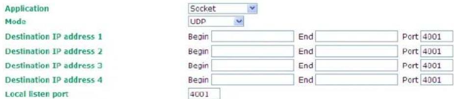 Application Socket Mode UDP Destination IP address 1 Begin End Port 4001 Destination IP address 2 Begin End Port 4001 Destination IP address 3 Begin End Port 4001 Destination IP address 4 Begin End Port 4001 Local listen port 4001