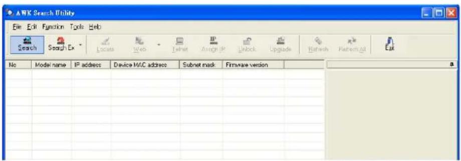 AWK Search Utility File Edit Function Tools Help Search Search Ex Locats Web Server Attach IP Unlock Upgrade Refresh Platform Exit No Model name IF address Device MAC address Subnet mask Firmware version a