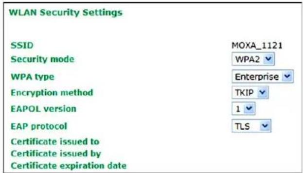 WLAN Security Settings SSID MOXA_1121 Security mode WPA2 WPA type Enterprise Encryption method TKIP EAPOL version 1 EAP protocol TLS Certificate issued to Certificate issued by Certificate expiration date