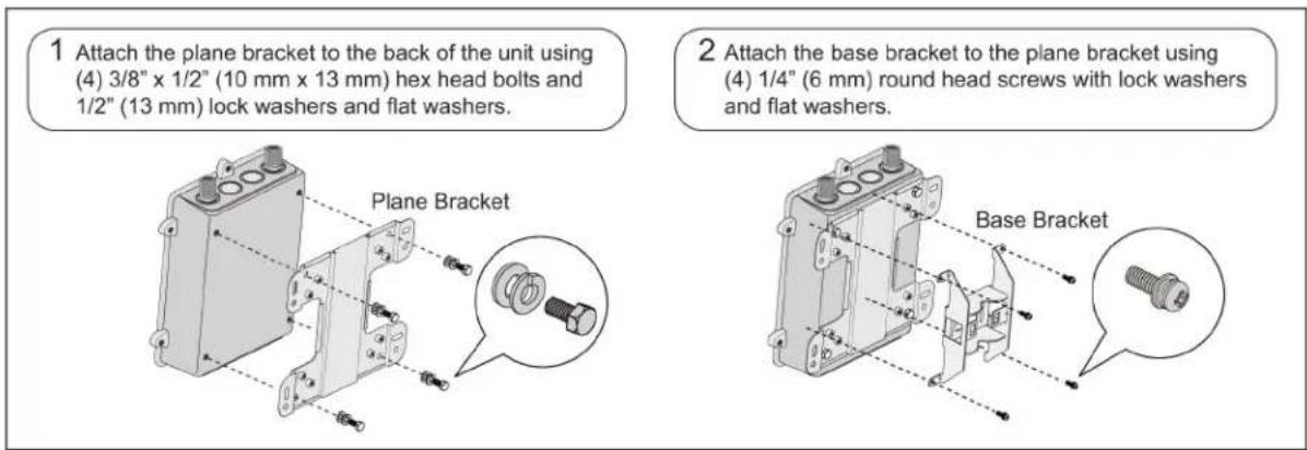 1 Attach the plane bracket to the back of the unit using (4) 3/8" x 1/2" (10 mm x 13 mm) hex head bolts and 1/2" (13 mm) lock washers and flat washers. Plane Bracket 2 Attach the base bracket to the plane bracket using (4) 1/4" (6 mm) round head screws with lock washers and flat washers. Base Bracke…