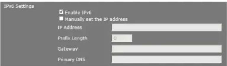IPv6 Settings Enable IPv6 Manually set the IP address IP Address Prefix Length 0 Gateway Primary DNS