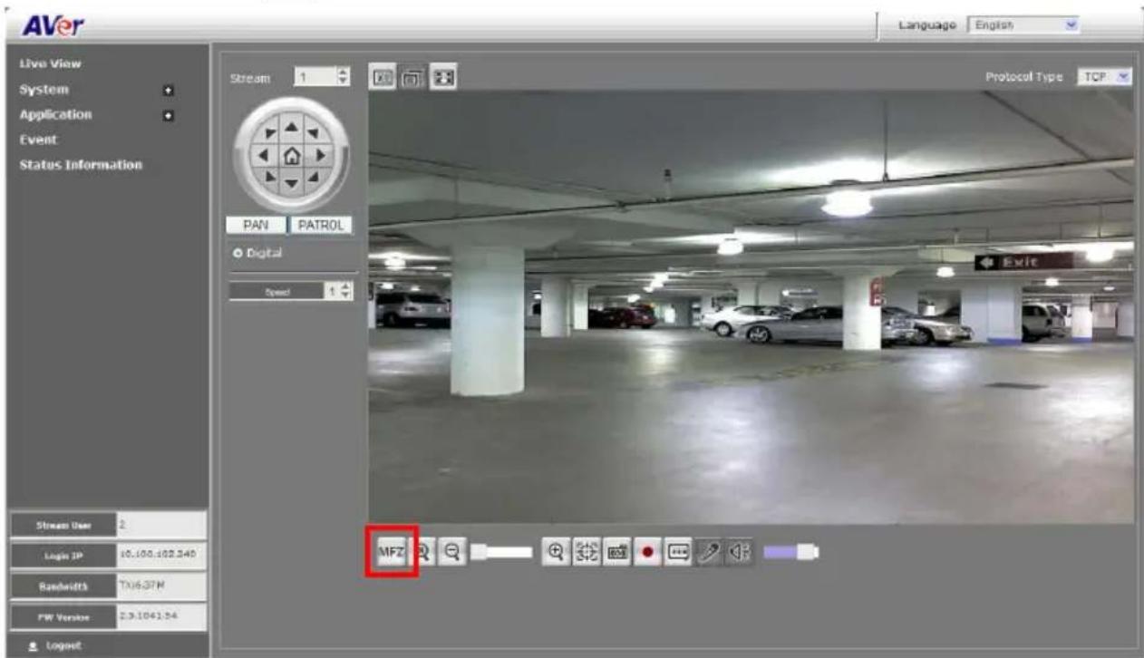AVer Live View System Application Event Status Information Stream 1 PAN PATROL Digital Speed Language English Protocol Type TCP Stream User 2 Login IP 10.100.102.340 Bandwidth TX6.3TM FW Version 2.9.1041.24 Logout MFZ