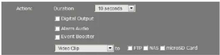 Action: Duration 10 seconds ■ Digital Output ■ Alarm Audio ■ Event Booster Video Clip to FTP NAS microSD Card