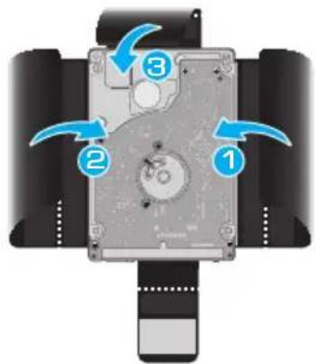 Diagram of a hard disk drive with numbered components and blue arrows indicating motion direction