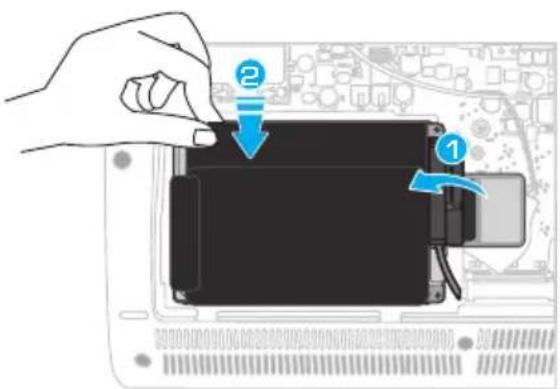 Diagram showing a hand pressing a device component with labeled parts 1 and 2, indicating a step in the process.