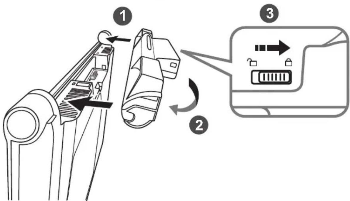 Diagram showing three labeled parts of a car door handle mechanism, with arrows indicating motion and assembly steps.