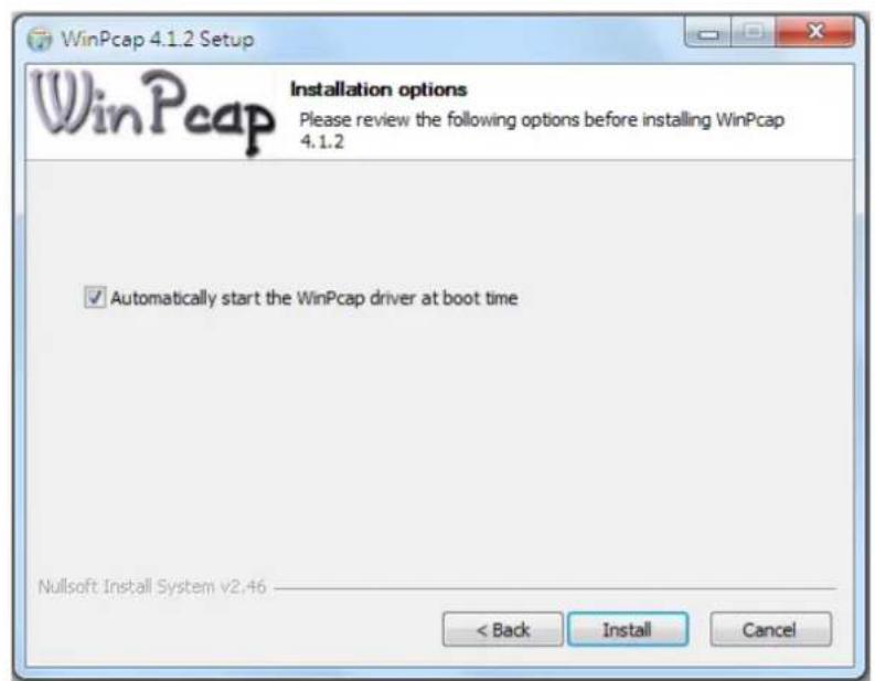 WinPcap 4.1.2 Setup Installation options Please review the following options before installing WinPcap 4.1.2 ✓ Automatically start the WinPcap driver at boot time Nullsoft Install System v2.46 < Back Install Cancel