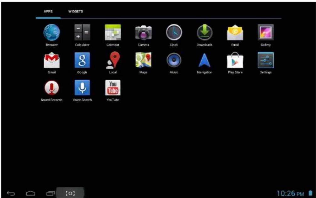 APPS WIDGETS Browser Calculator Calendar Camera Clock Downloads Email Gallery Small Google Local Maps Music Navigation Play Store Settings Sound Recorde Voice Search YouTube 10:26 PM