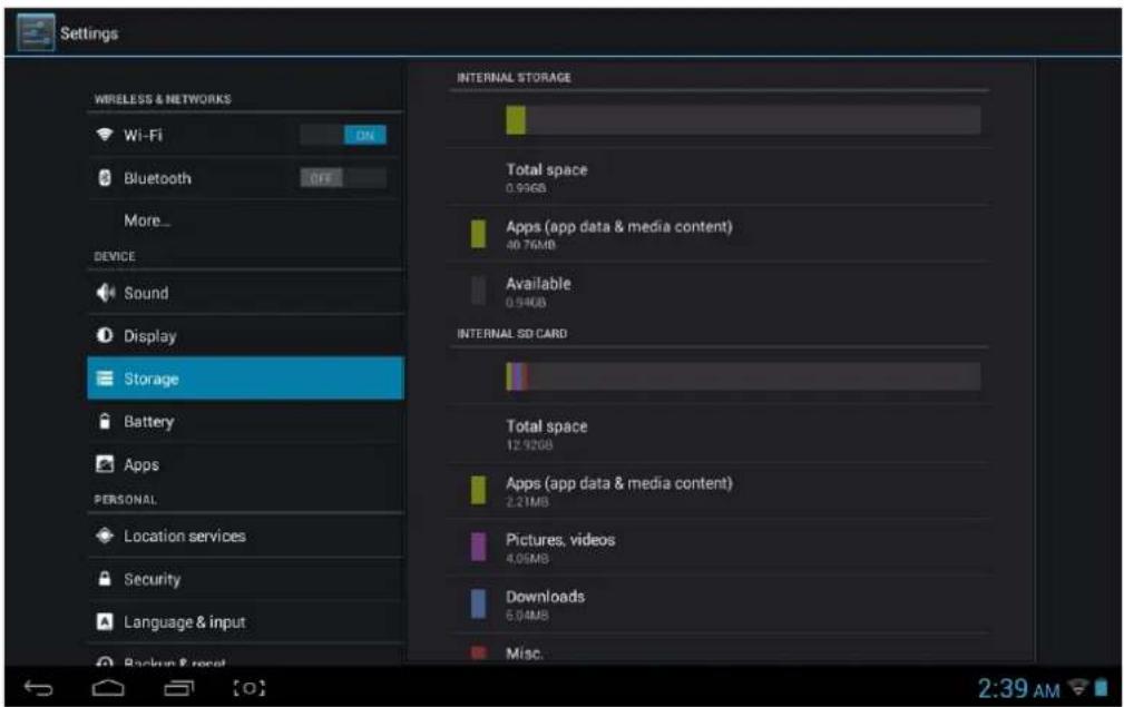 Settings WIRELESS & NETWORKS Wi-Fi ON Bluetooth OFF More... DEVICE Sound Display Storage Battery Apps PERSONAL Location services Security Language & input Backup & reset INTERNAL STORAGE Total space 0.99GB Apps (app data & media content) 40.76MB Available 0.54KB INTERNAL SD CARD Total space 12.92GB Apps (app data & media content) 2.21MB Pictures, videos 4.09MB Downloads 5.04MB Misc. 2:39 AM