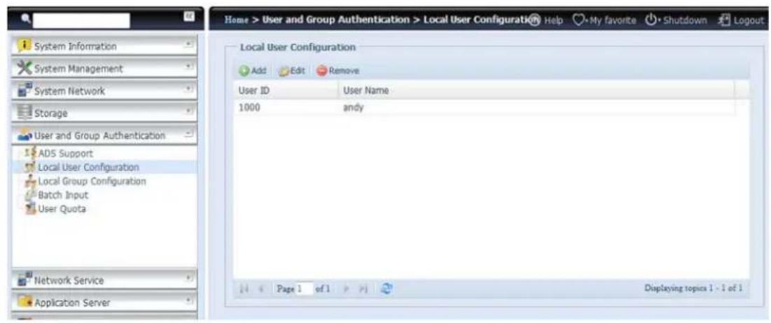 Home > User and Group Authentication > Local User Configuration Help My favorite Shutdown Logout Local User Configuration Add Edit Remove User ID User Name 1000 andy Network Service Application Server Page 1 of 1 Displaying topics 1 - 1 of 1