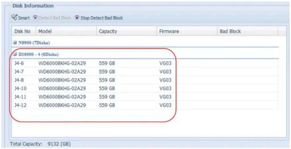 Disk Information Smart Detect Bad Block Stop Detect Bad Block Disk No Model Capacity Firmware Bad Block N8900 (7Disks) D16000 - 4 (6Disks) J4-6 WD6000BKHG-02A29 559 GB VG03 J4-7 WD6000BKHG-02A29 559 GB VG03 J4-8 WD6000BKHG-02A29 559 GB VG03 J4-10 WD6000BKHG-02A29 559 GB VG03 J4-11 WD6000BKHG-02A29 559 GB VG03 J4-12 WD6000BKHG-02A29 559 GB VG03 Total Capacity: 9132 (GB)