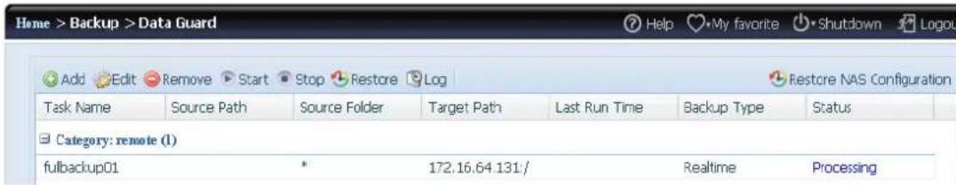 Home > Backup > Data Guard Add Edit Remove Start Stop Restore Log Task Name Source Path Source Folder Target Path Last Run Time Backup Type Status Category: remote (1) fulbackup01 * 172.16.64 131./ Realtime Processing