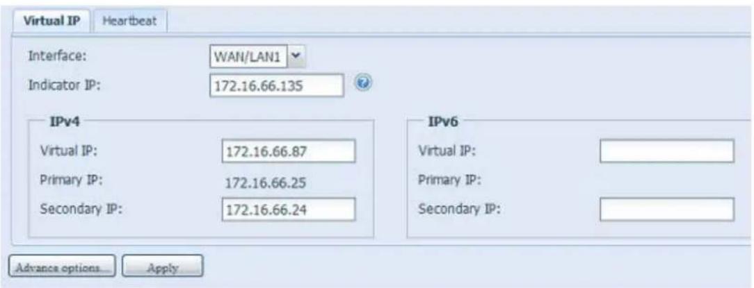 Virtual IP Heartbeat Interface: WAN/LAN1 Indicator IP: 172.16.66.135 IPv4 Virtual IP: 172.16.66.87 Primary IP: 172.16.66.25 Secondary IP: 172.16.66.24 IPv6 Virtual IP: Primary IP: Secondary IP: Advance options... Apply