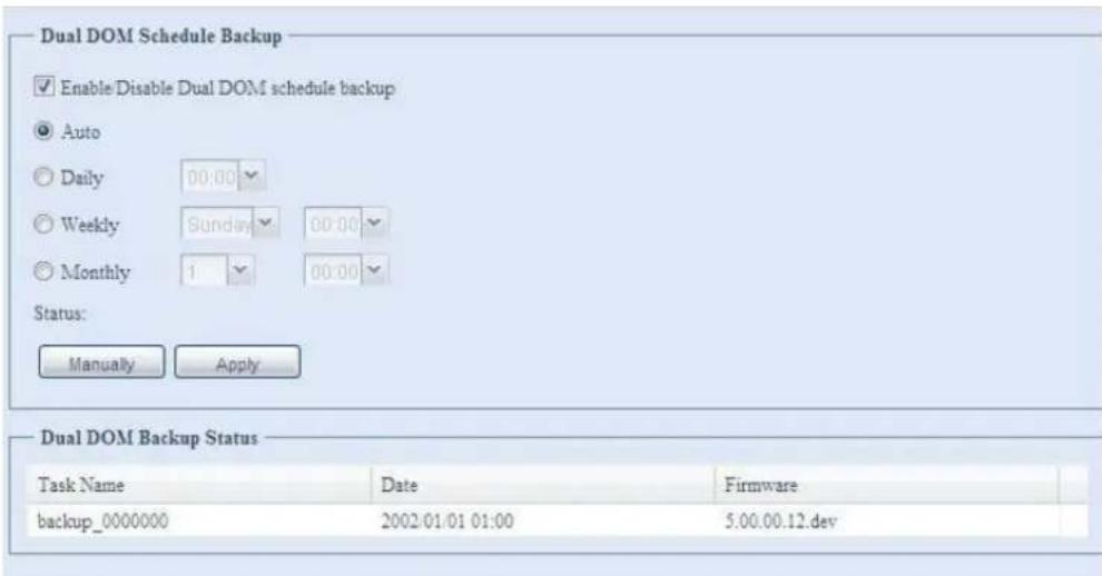 Dual DOM Schedule Backup ✓ Enable/Disable Dual DOM schedule backup ● Auto ○ Daily 00:00 ○ Weekly Sunday 00:00 ○ Monthly 1 00:00 Status: Manually Apply Dual DOM Backup Status Task Name Date Firmware backup_0000000 2002.01.01 01:00 5.00.00.12.dev