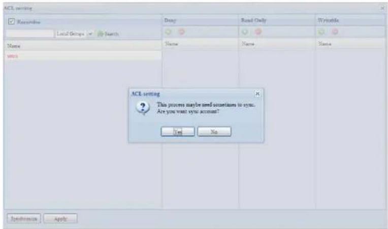 ACL setting Record Local Groups Search Name sync Dong Read Only Name Name Name ACL setting This process may be need sometimes to sync. Are you want sync account? Yes No PostgreSQL Apply